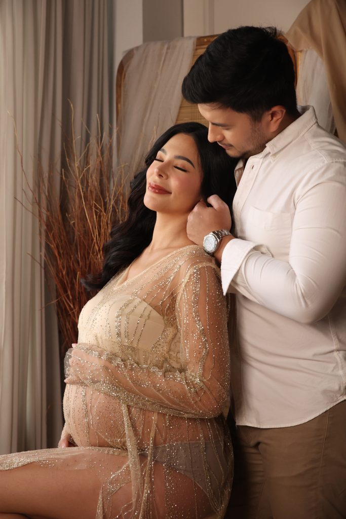emma rueda ayala bohemian theme maternity photoshoot pampanga wearing sheer dress with husband lucho ayala 