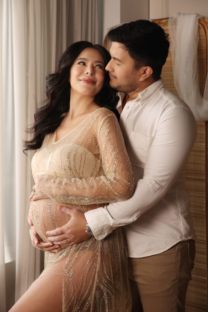 emma rueda ayala bohemian theme maternity photoshoot pampanga wearing sheer dress with husband lucho ayala 
