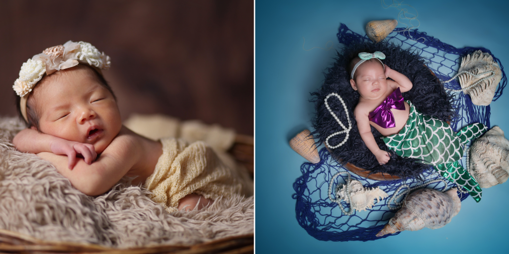 newborn photoshoot (left) at 20 days old vs. baby photoshoot (right) at 2 months old. 